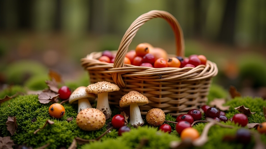 Staluje sukrautos grybų ir uogų storos, rudeninis derlius